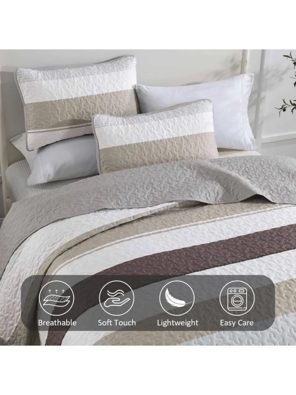 Cozy Grey Boho Quilt Set Queen Size | Lightweight Striped Patchwork Bedspread